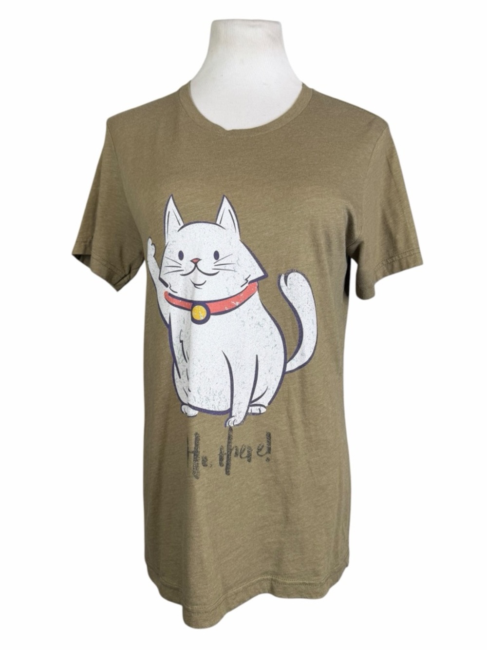 10/$25🦋 Boutique Canvas Heather Olive Neko Neko HI THERE Tee - Size Medium - Picture 1 of 13